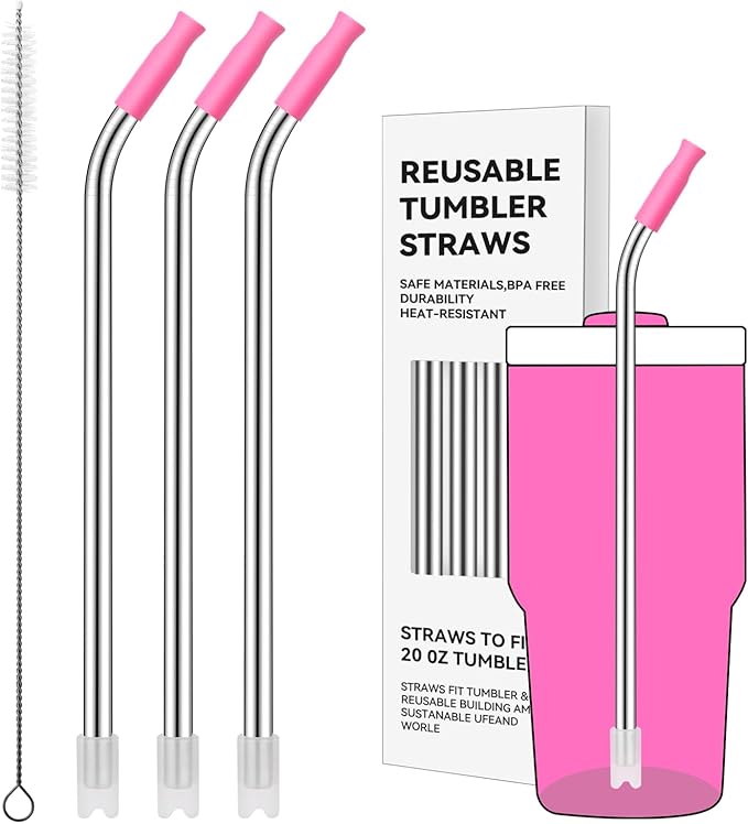 Reusable Metal Straws with Silicone Tip for Stanley 20oz,Stainless Steel Drinking Straws for 20oz Tumbler,3 Bent Tubes & 6 Tips& 1 Cleanr Brush(Vivid Violet)
