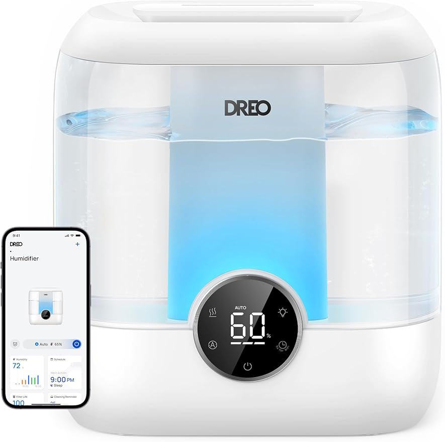DREO Smart Humidifiers for Bedroom, 6L Top Fill Supersized Cool Mist Humidifier for Large Room, 60 Hour Runtime, Quiet Ultrasonic Humidifiers for Plants, Baby, Indoor, Home, Night Light, White