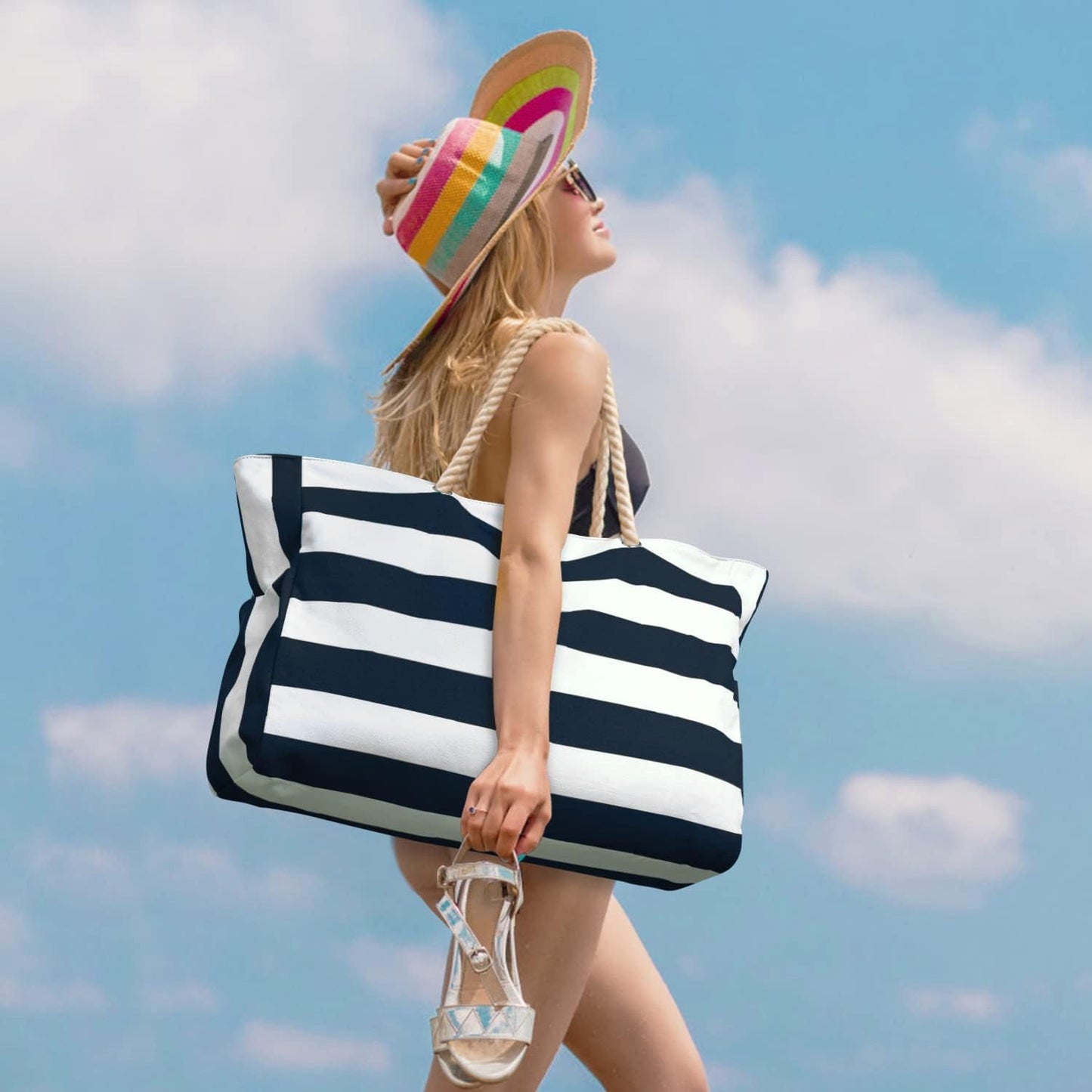 Becokan Beach Bag Large Beach Tote Bag for Women Waterproof Sandproof Swim Pool Bag With Zipper