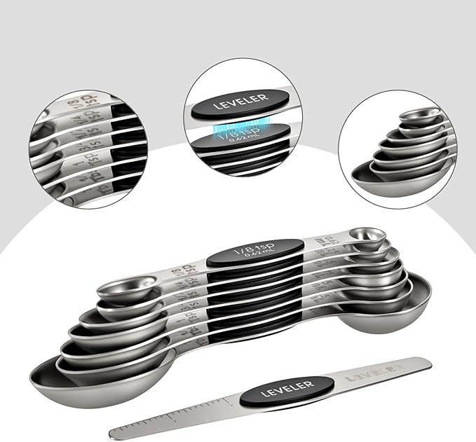 13-Piece Magnetic Measuring Spoons and Cups Set, Stainless Steel Kitchen Measure Tools with Silicone Handles, Nesting Dry and Liquid Measuring Cups for Baking Cooking (Black)