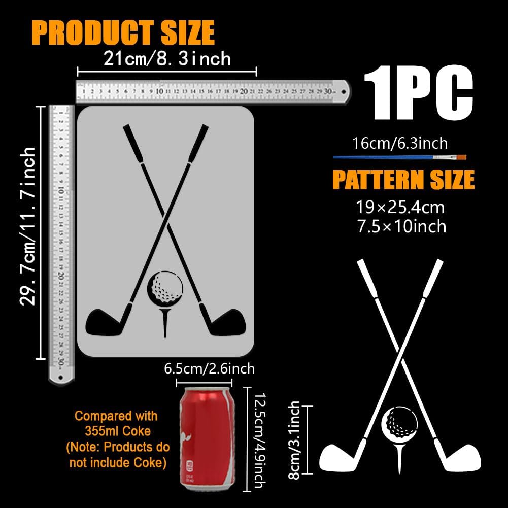 FINGERINSPIRE Golf Balls Stencil with a Paint Brush 11.7x8.3Inch Reusable Golf Clubs Painting Stencil PET Golf Decoration Template Sports Themes Template for Painting on Wood Wall Floor Furniture