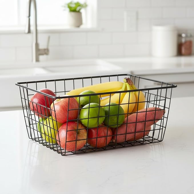 Metal Wire Basket Food Storage Organizer with Wooden Handles for Organizing Kitchen Cabinets, 4 Packs-Black-large