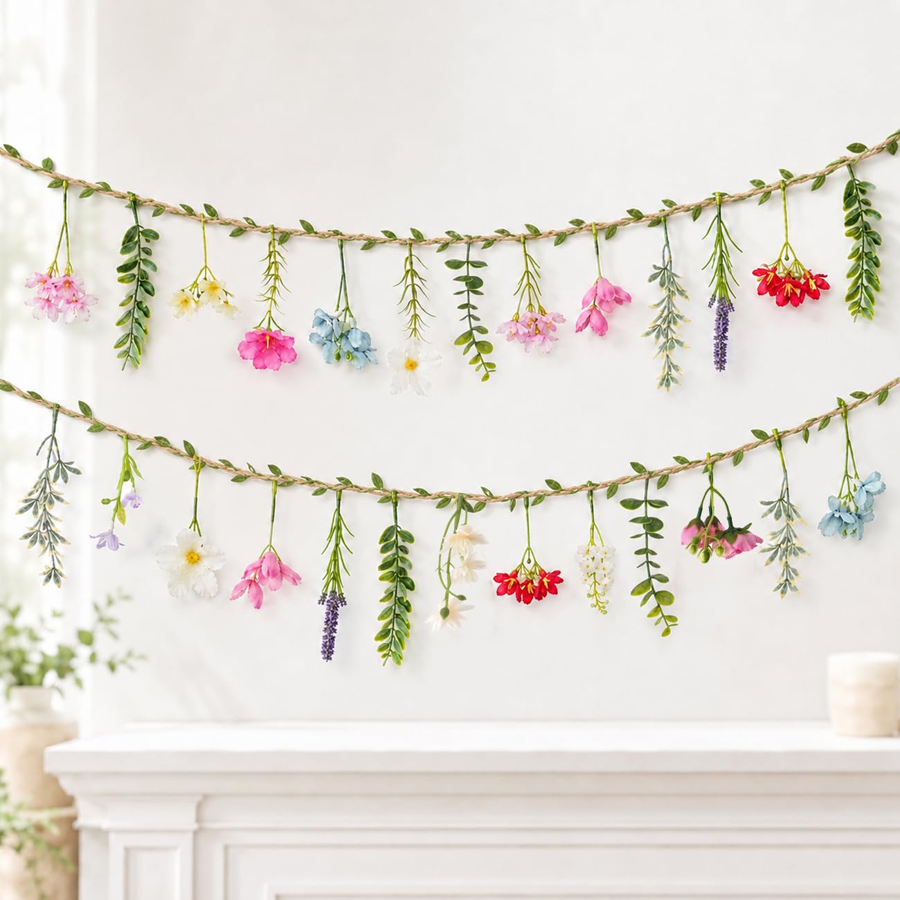 2 PCS 6.5ft Artificial Flower Banner Wildflower Garland Hanging Flowers for Garden Birthday Wedding Tea Party Bridal Shower Home Spring Supplies(Hemp Rope)