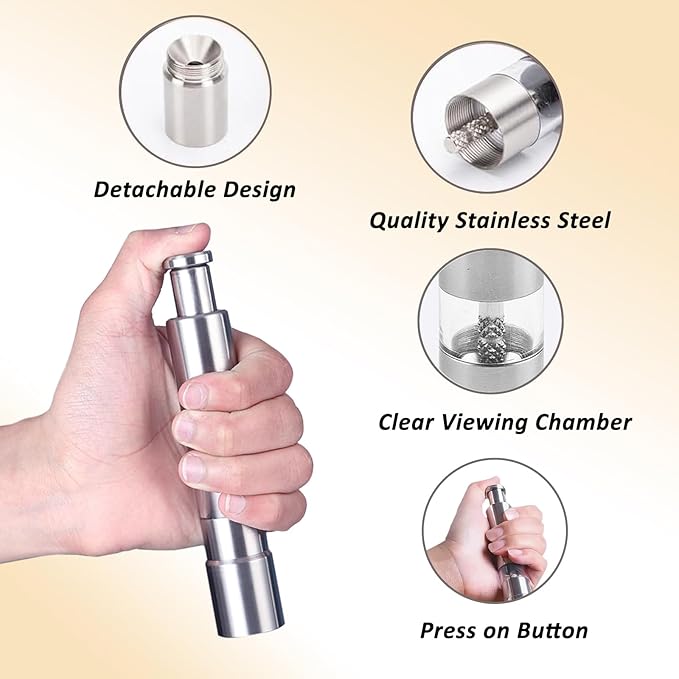 Single Stainless Steel Salt and Pepper Grinder Set, Manual Refillable Peppercorn Mills with Push Button, Thumb Grinder, Sliver White, One Piece