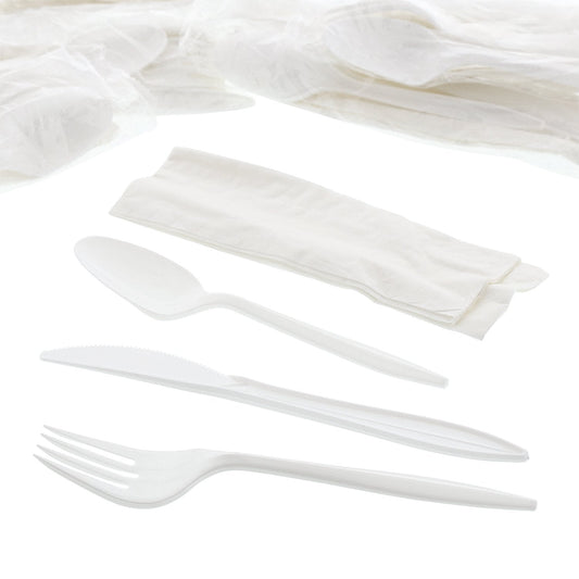 AmerCareRoyal 4-in-1 Disposable Silverware Medium Weight Plastic Utensil Set with Teaspoon, Fork, Knife and 12x13 inch Napkin - Individually Wrapped Cutlery Meal Kit, White, Case of 250