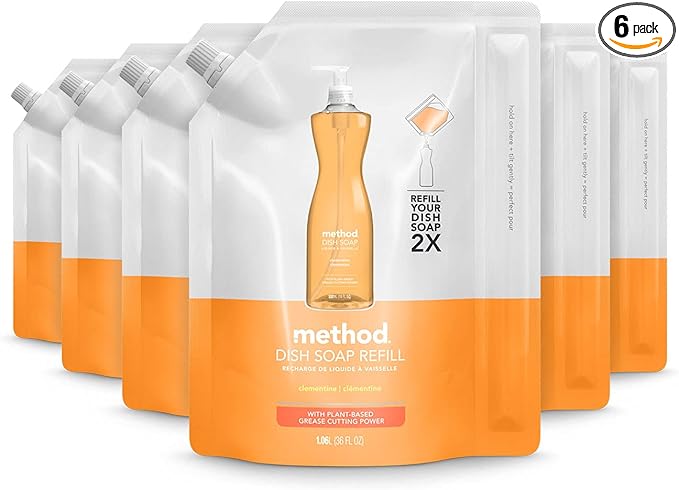 Method Gel Dish Soap Refill, Clementine, Tough on Grease, 36 Fl Oz (Pack of 6)