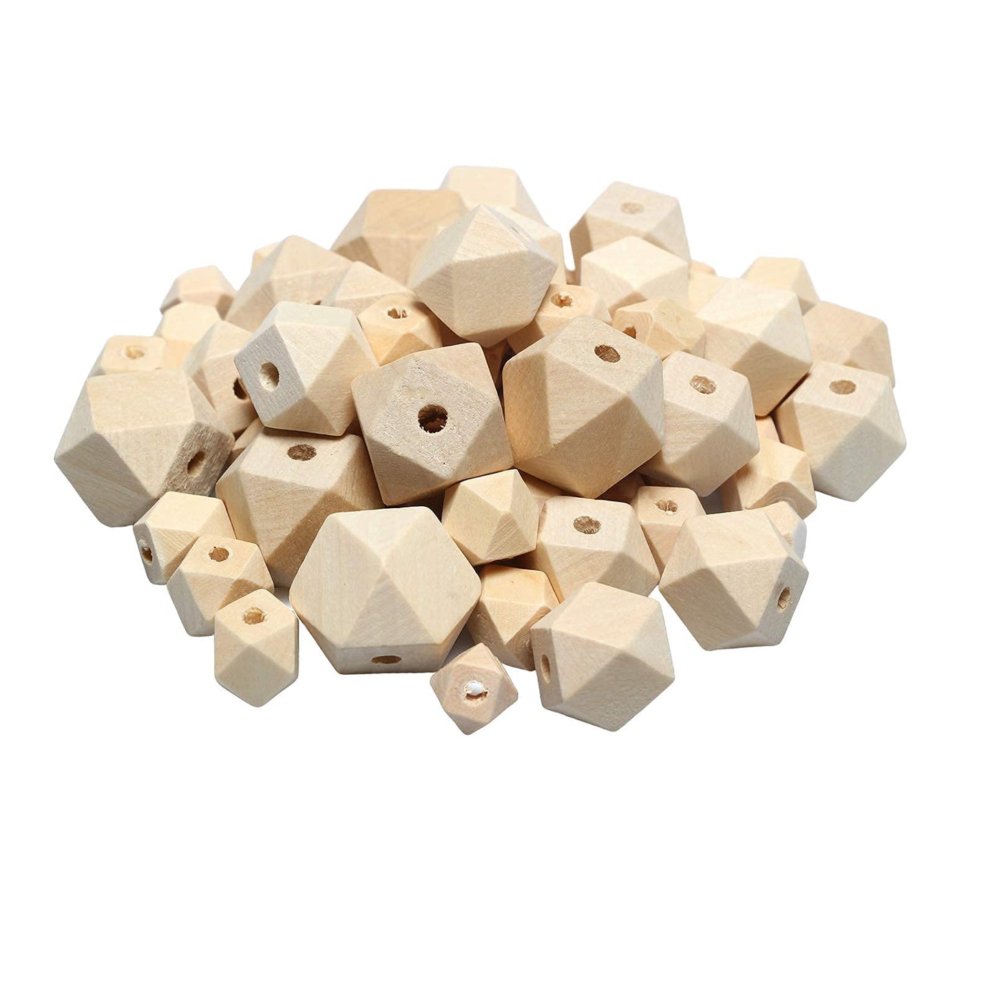 100Pcs Natural Geometric Polygon Wood Beads, Unfinished Wooden Loose Spacer Beads for Bead Crafts Making Home Farmhouse Decoration 4 Sizes (10mm 12mm 16mm 20mm)