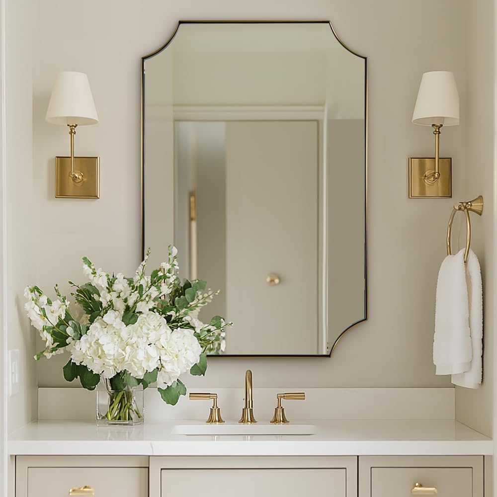 ANDY STAR Brushed Gold Bathroom Mirror, 22x30 Inch Scalloped Rectangle Mirror, Gold Bathroom Vanity Mirror, Antique Brass Mirror in Anti-Rust Stainless Steel Metal Frame for Bathroom, Entryway