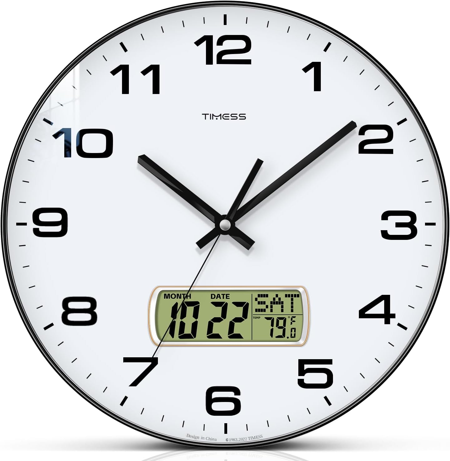 Wall Clock, 10" Dial Non-Ticking Silent Battery Operated Analog with LCD Display for Perpetual Calendar and F° Temperature, Ideal Modern Home, Bedroom, Kitchen, Office Decor (Black)