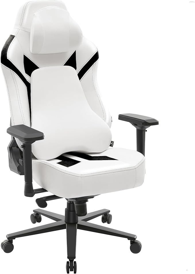 Ergonomic Gaming Chair, Wyrdforging Computer Desk Chairs, 4D Armrests, High Back Office Chair With Headrest & Lumbar Pillow, Tilt Rocker Recliner, Heavy-Duty Base, White PU Leather & Black Suede Combo
