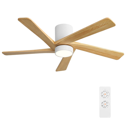WINGBO 48 Inch Flush Mount DC Ceiling Fan with Lights and Remote, 5 Reversible Carved Wood Blades, 6-Speed Noiseless DC Motor, Hugger Ceiling Fan in White Finish with Oak Blades, ETL Listed