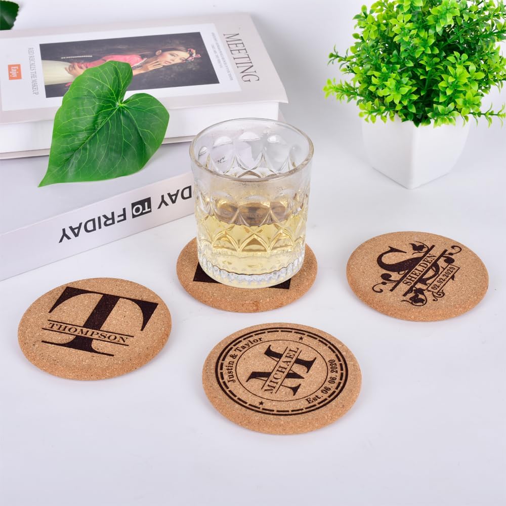 Personalized Cork Coasters for Drinks, Custom Engraved Absorbent Heat & Water Resistant Coasters for Cups and Mugs (B)