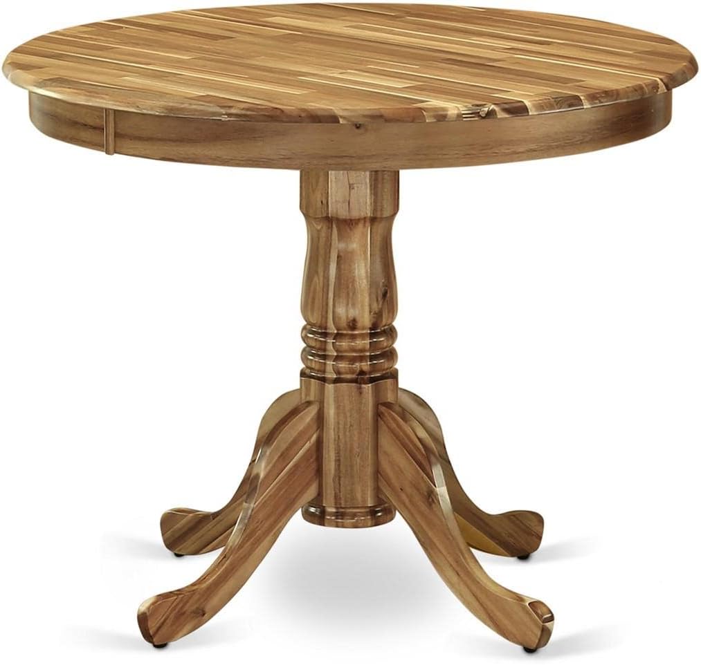 East West Furniture ANLA3-ANA-05 3 Piece Dining Set Contains a Round Kitchen Table with Pedestal and 2 Grey Linen Fabric Parsons Dining Chairs, 36x36 Inch, Natural