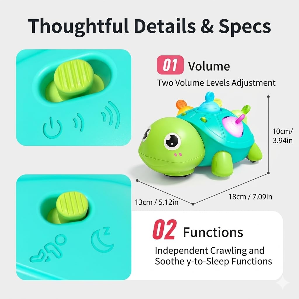 SOSUSHOE 3-in-1 Musical Crawling Turtle Baby Toy - Tummy Time Toy with Smart Obstacle Avoidance, Push-and-Pop Sensory Shell & Sleep Soothing, Baby Infant Toys for 0-12 Months