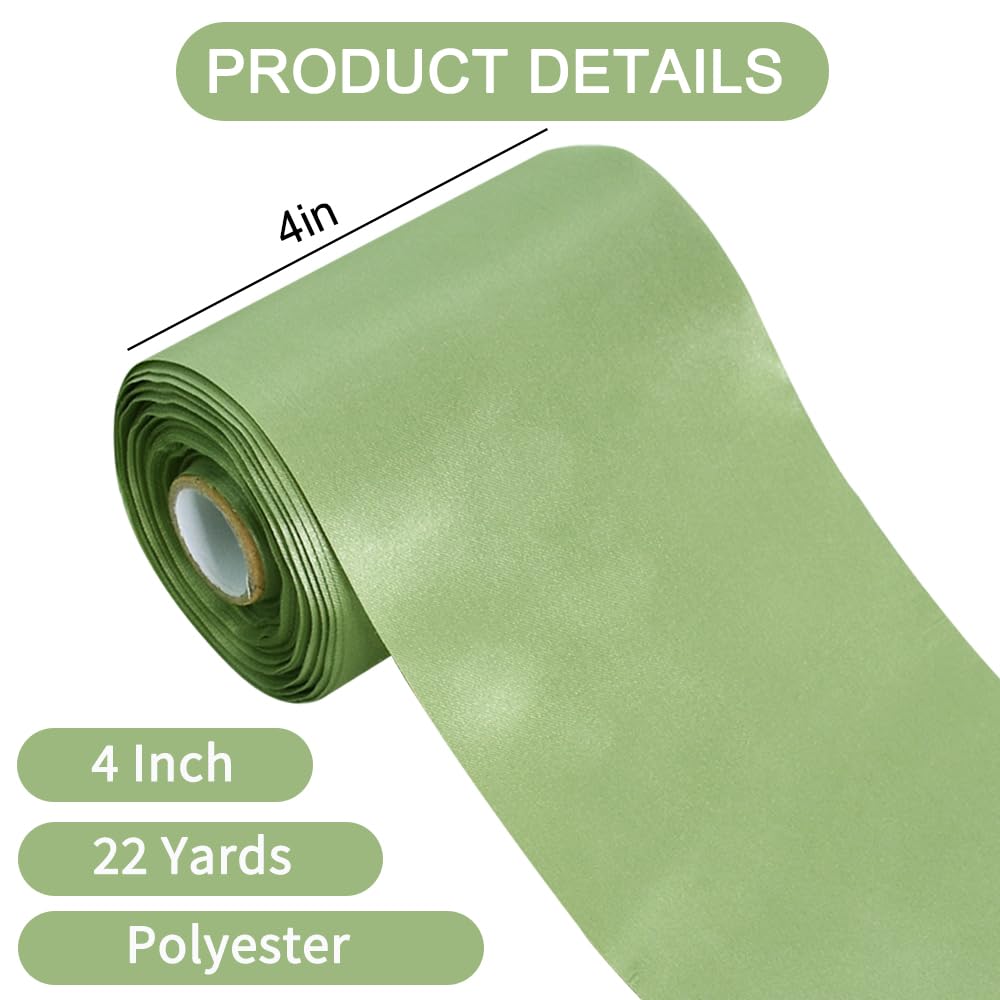 TONIFUL 4 Inch Wide Sage Olive Green Solid Satin Ribbon 22yd Fabric Large Ribbon for Cutting Ceremony Grand Opening Chair Sashes Table Hair Car Bows Floral Craft Sewing Wedding Party Decoration