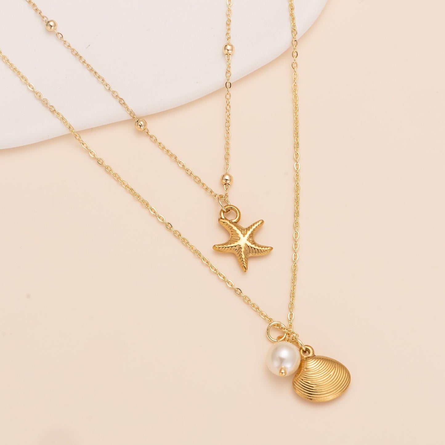 Shell Necklaces for Women 14k Gold Plated Layered Starfish Conch SeaShell Pearl Pendant Charm Necklace Adjustable Stainless Steel Chain Summer Beach Jewelry (Gold Starfish)