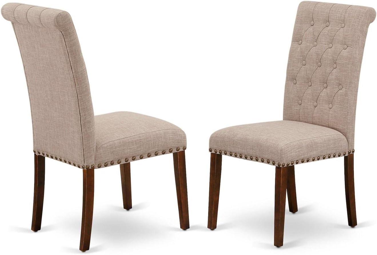 East West Furniture DLBR5-MAH-04 5 Piece Dining Room Furniture Set Includes a Round Dining Table with Dropleaf and 4 Light Tan Linen Fabric Upholstered Chairs, 42x42 Inch, Mahogany