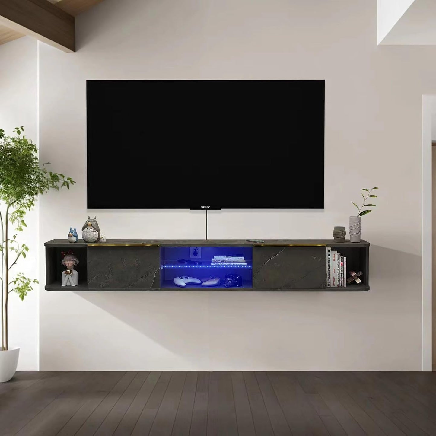 Pmnianhua LED Floating TV Stand with 2 Drawers,63'' Under TV Shelf with LED Lights,Wall Mounted TV Console,Floating TV Shelf with Storage for Bedroom Playroom Living Room(Dark Grey)