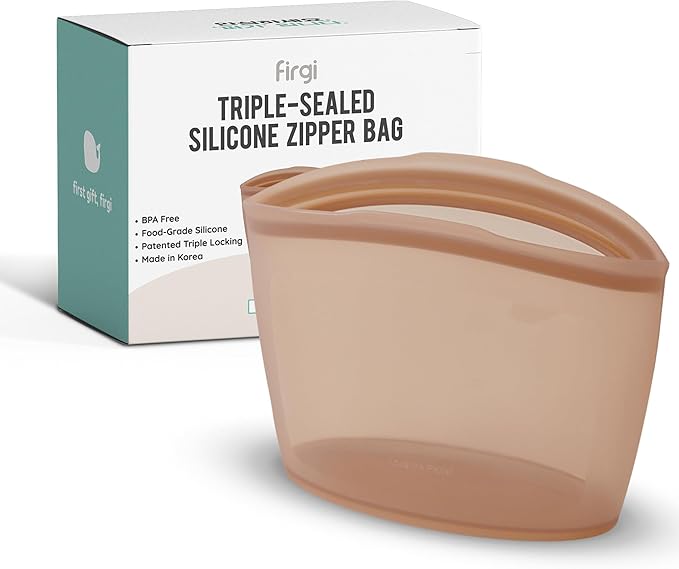 Premium Platinum Silicone Reusable Food Storage Bag 6.3 Cup (53 fl oz), Airtight Zip Lock Bags for Food, BPA-Free Silicone Freezer Bags, Microwave Safe Sous Vide Container, Taupe Brown