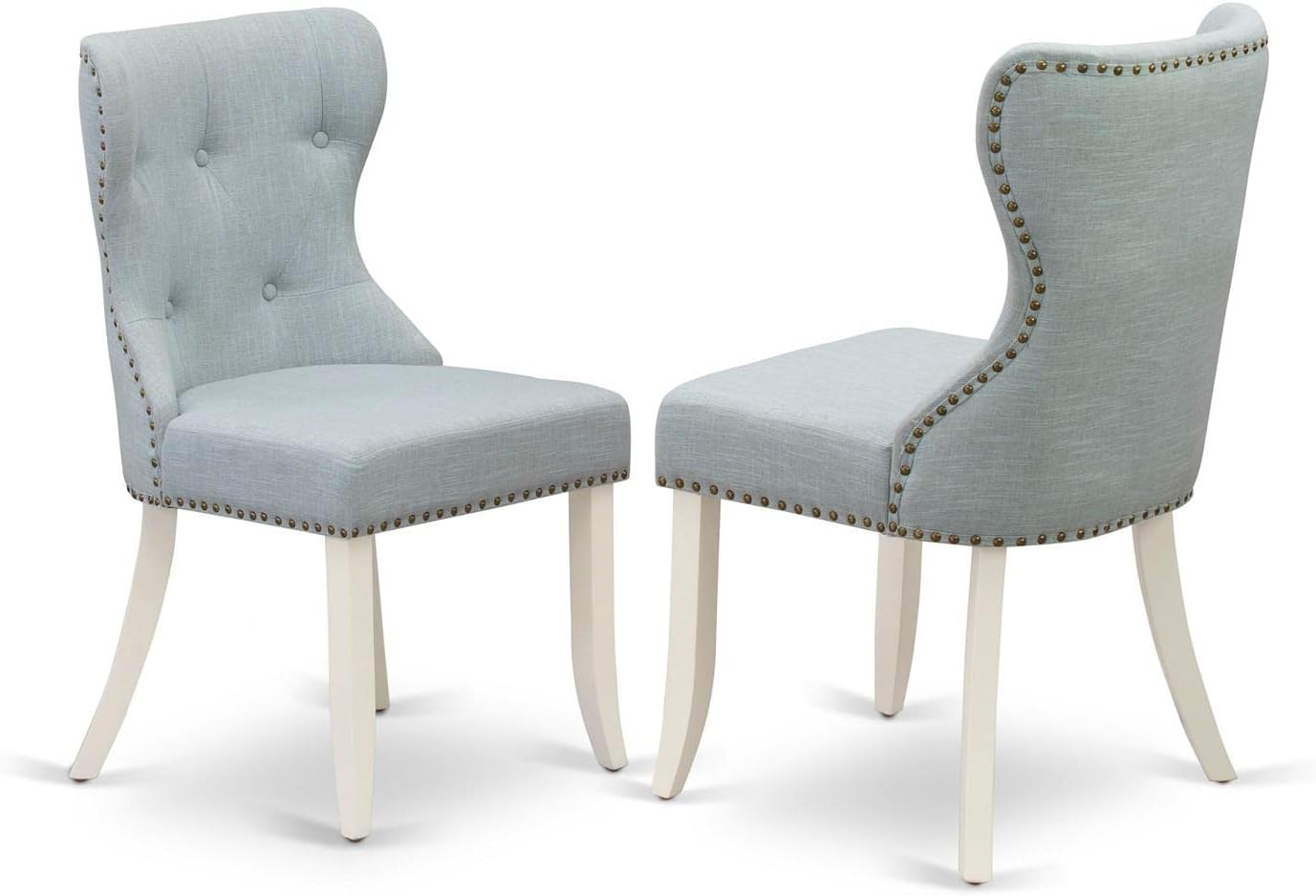 East West Furniture DLSI5-WHI-15 5 Piece Kitchen Table & Chairs Set Includes a Round Dining Room Table with Dropleaf and 4 Baby Blue Linen Fabric Parsons Chairs, 42x42 Inch, Linen White