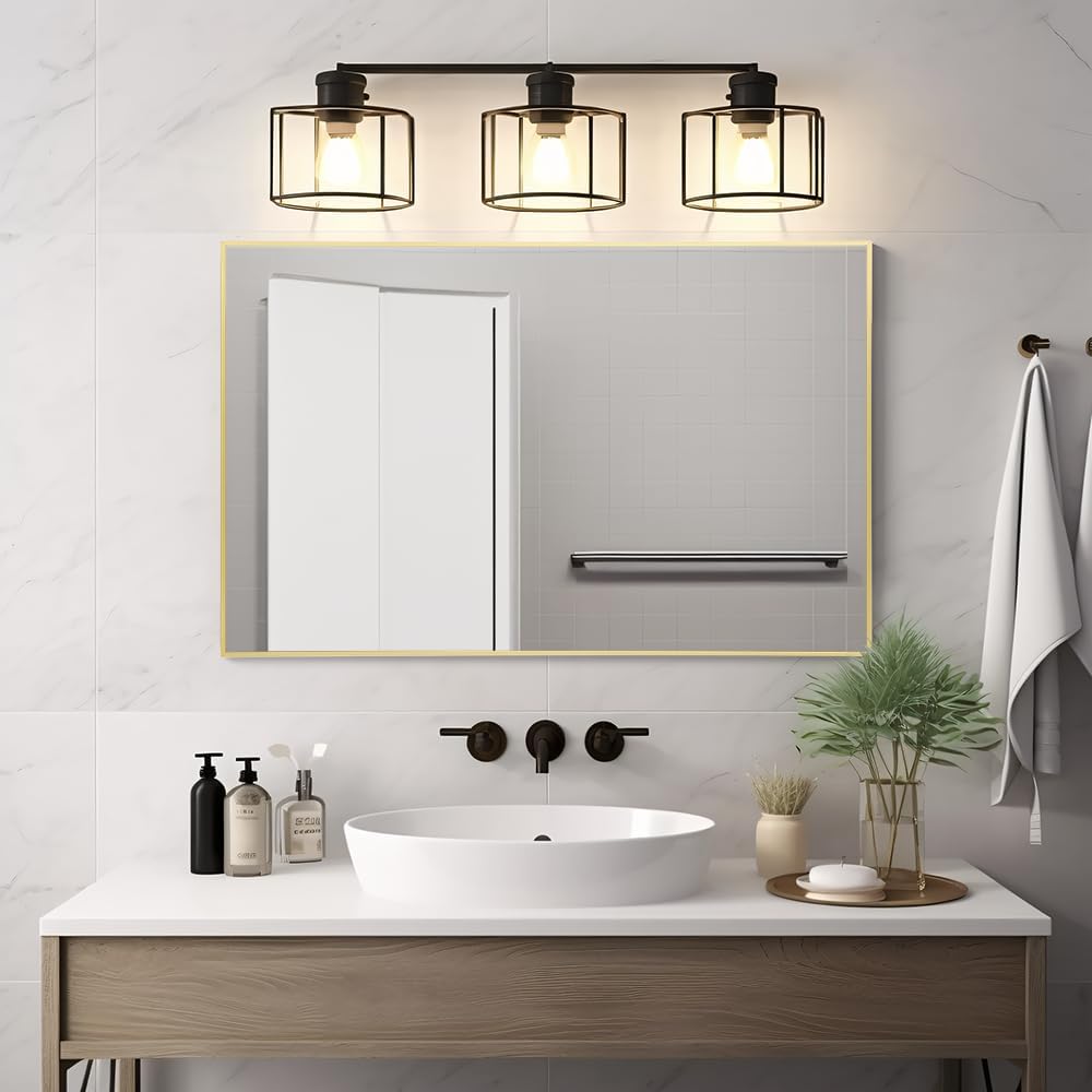 Bathroom Mirror 24"x36", Gold Vanity Mirror with Brushed Metal Frame & Tempered Glass, Rectangle Wall Mirror Mounted, Rust-Resistant for Bedroom, Entryway and Living Room Decor