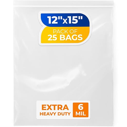 12" x 15" Large Zip Seal Lock Bags, 6 Mil (Pack of 25) – Heavy-Duty Reclosable Plastic Bags – Clear, Resealable, Waterproof – For Storing and Organizing Clothes, Jewelry, and Travel Items