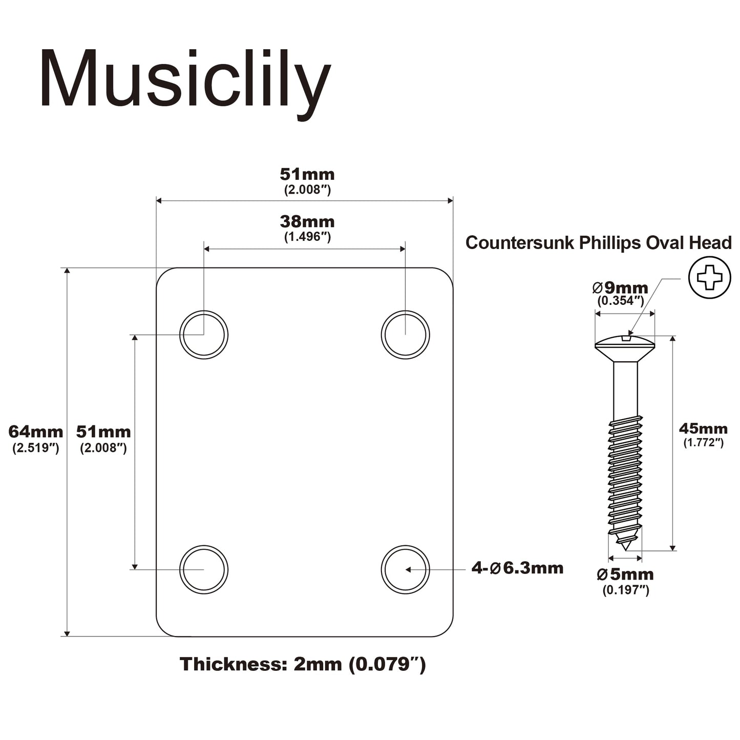 Musiclily Metal 4 Bolt Guitar Neck Plate With Screws For Fender Strat Tele Electric Guitar Or Bass Replacement,Black