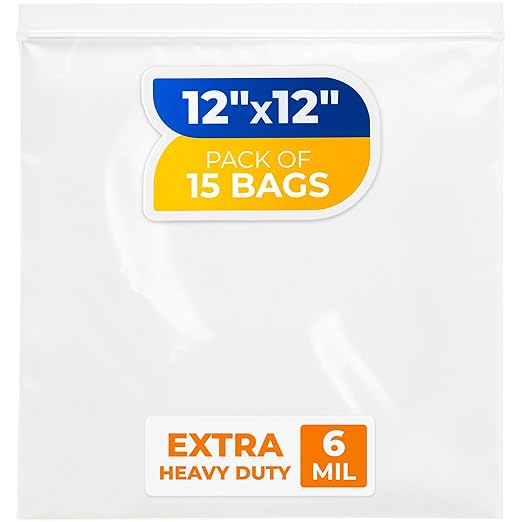 12" x 12" Large Zip Seal Lock Bags, 6 Mil (Pack of 15) – Heavy-Duty Reclosable Plastic Bags – Clear, Resealable, Waterproof – For Storing and Organizing Clothes, Jewelry, and Travel Items