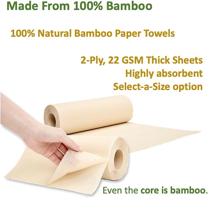 100% Bamboo Paper Towels, Tree-Free, Chemical-Free, Lint-Free, Durable, Absorbent, Select-a-Size 2-Ply, 90 Sheets Per Roll. (PT 12 Rolls)