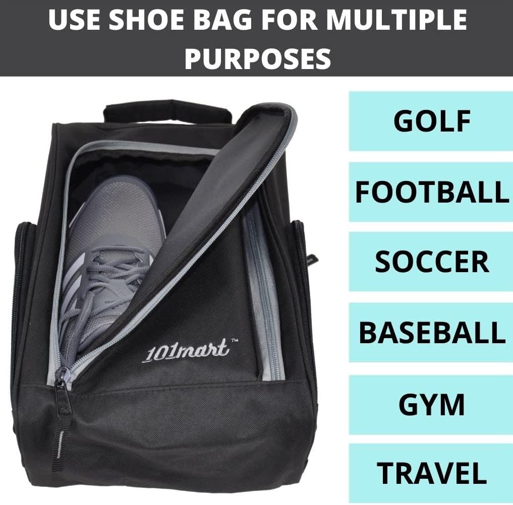 Golf Shoe Bag Men & Women | Zippered Sport & Travel Shoe Carrier Bag with Ventilation & Side Pockets for Accessories | Great Gift for Golfers (Black)