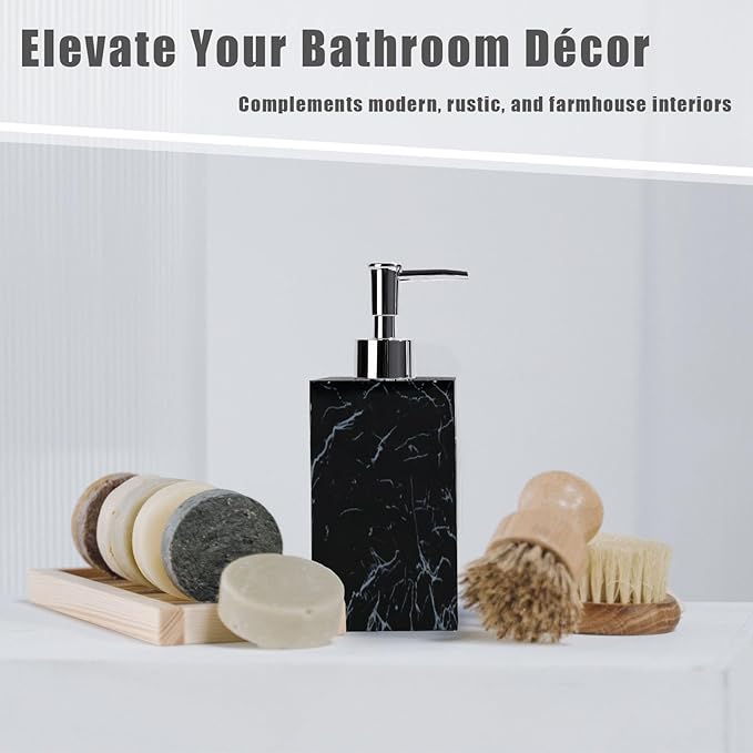 2-Pack Marble Look Resin Soap Dispensers, 16.9 oz Refillable Lotion Pump Bottles for Bathroom, Kitchen, Vanity, Office Sink Countertops – Durable, Moisture-Resistant Home Décor (Black)