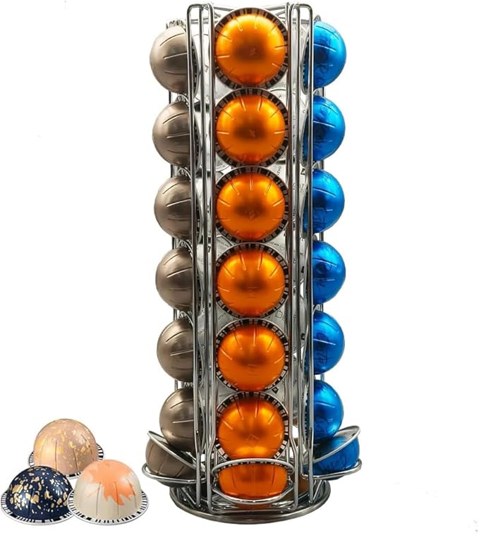 Vertuo Pod Holder Carousel Stand for 35 Nespresso Vertuo Capsule Storage Organizer with Extra Space for Coffee Mate Silent Rolling