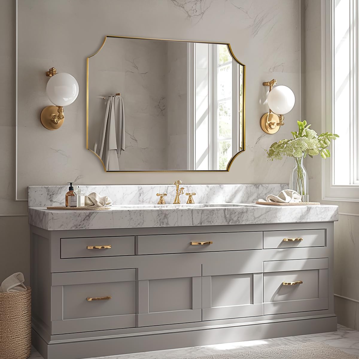 ANDY STAR Gold Scalloped Wall Mirror, 30x40 Brushed Gold Vanity Mirror, Large Rectangle Mirror in Never-Rust Stainless Steel Metal Frame, Wall Mount Vertical or Horizontal