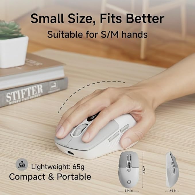 EWEADN Q1 Wireless Mouse, BT & 2.4G Silent Mouse Quiet Click with 1600 DPI Levels, Battery & DPI LED Screen Display, 6 Button Small Portable Bluetooth Mouse for Laptop/PC/Mac-Grey