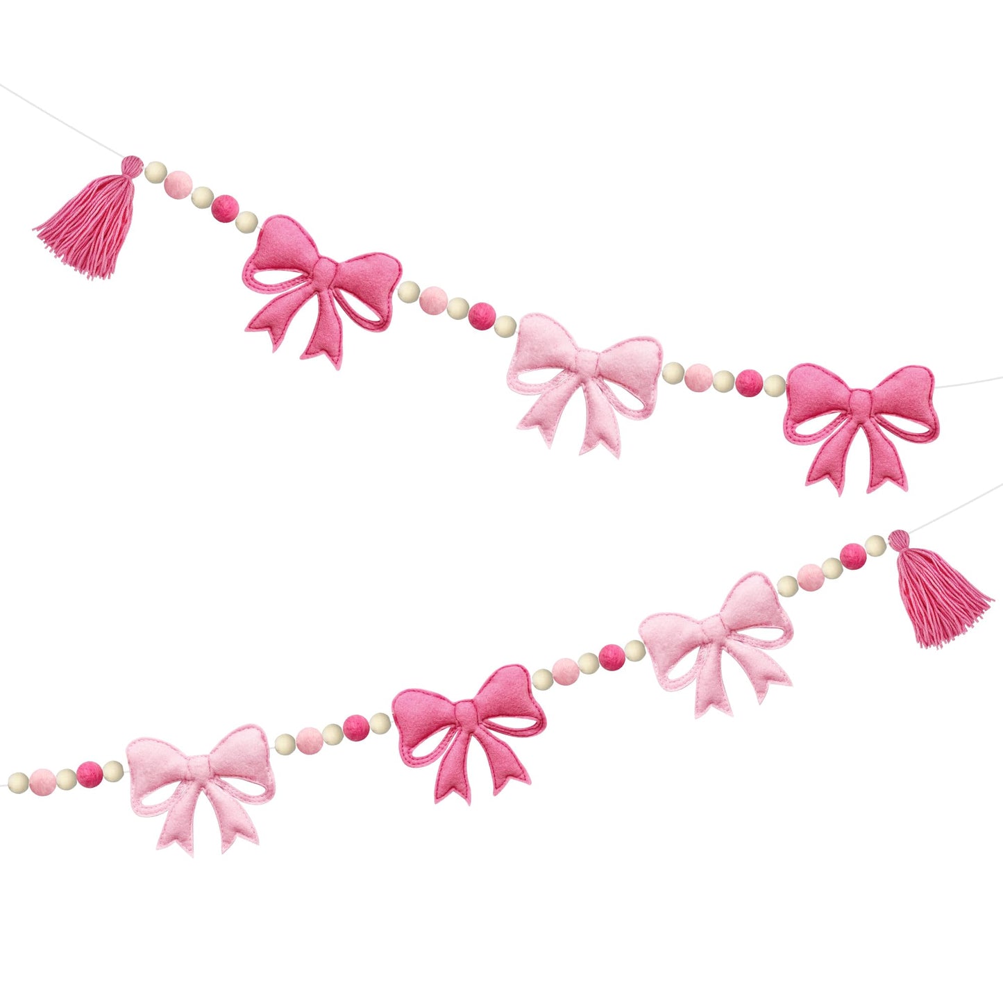 Pink Bow Decorations Pre-Strung Felt Handmade Bow Banner Wool Felt Ball Wooden Bead Bow Garland Streamer for Nursery Classroom Home Mantle Fireplace Decor Baby Shower Coquette Birthday Party Supplies