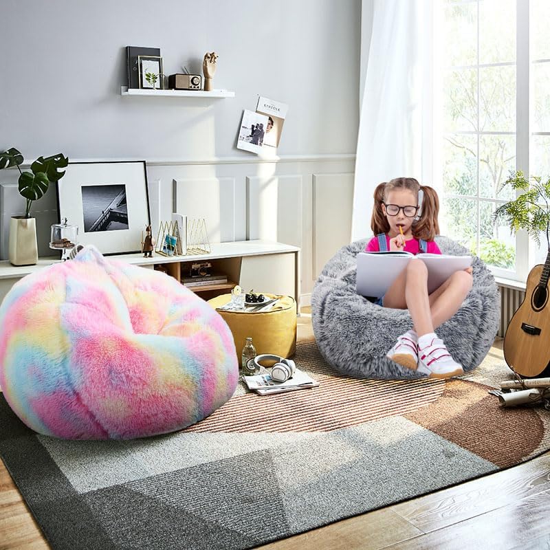 Fluffy Bean Bag Chair for Kids, 2.5FT Round Memory Foam Filled Bean Bag for Teens & Kids, Ultra Soft Faux Fur Fabric Bean Bag Chairs for Playroom, Living Room, Bedroom, Gray