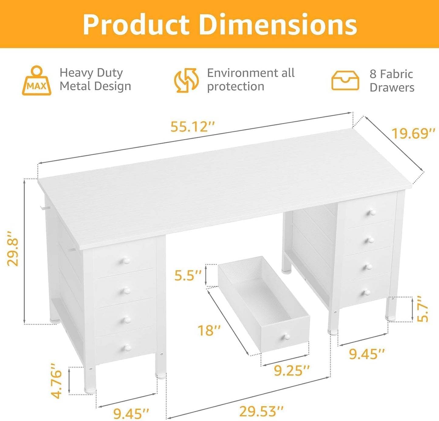 White Computer Desk with Drawers on Both Sides for Home Office, 55 inch Girls Teens Desks with Storage Writing Study Table for Bedroom, Makeup Vanity Desks Without Mirror,8 Fabric Drawer