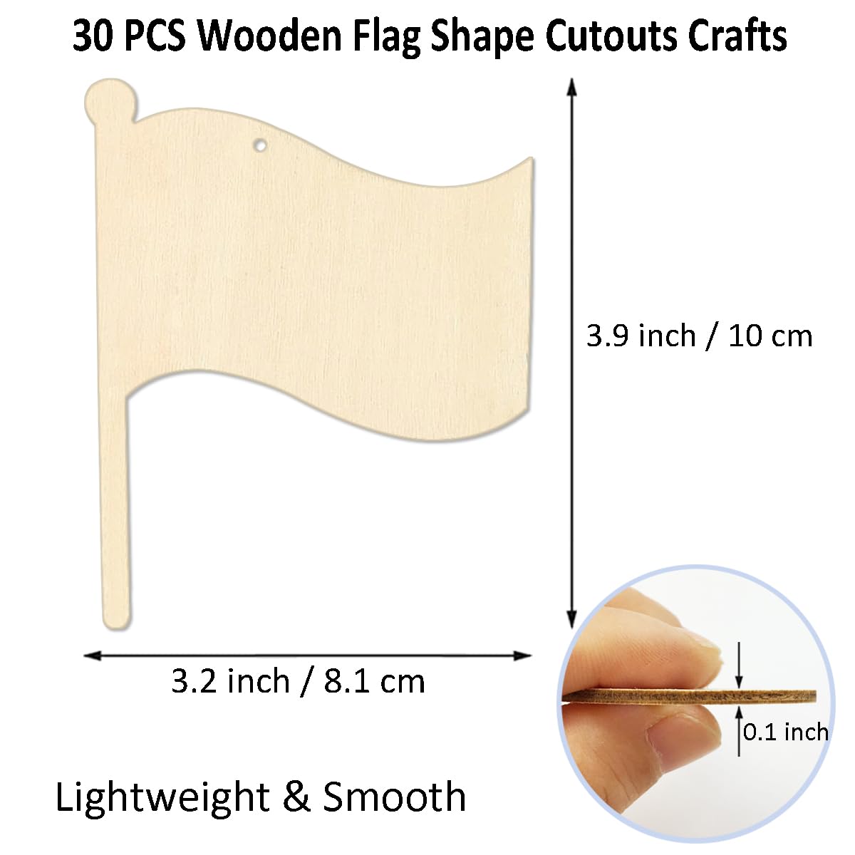30 Pcs 4 Inch Unfinished Wood Flag Cutouts DIY Crafts Wooden Flag Shaped Hanging Ornaments with Hole Hemp Ropes for Summer and July 4th Decor and Crafting