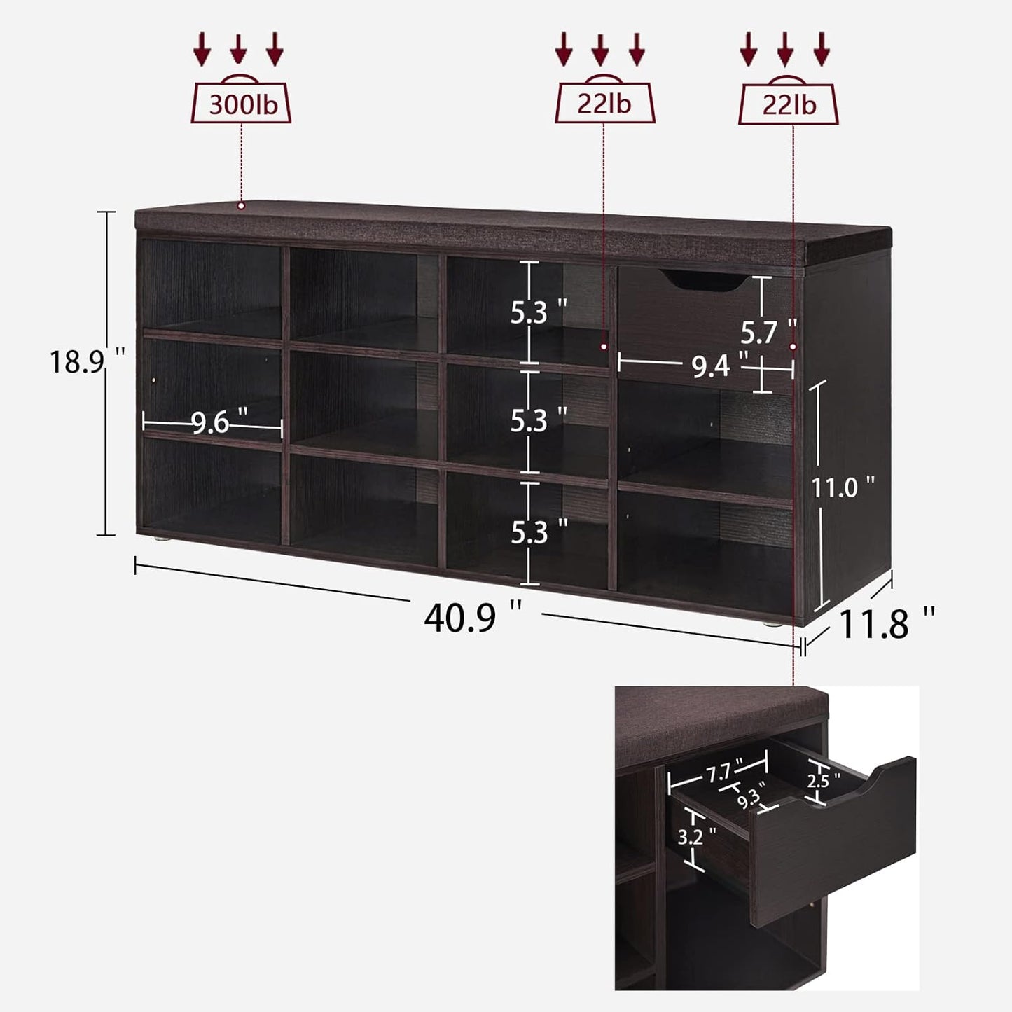 DINZI LVJ Shoe Bench, Entryway Storage Bench with Drawer and 11 Cubbies, Cubby Shoe Rack with Adjustable Shelves, Shoe Organizer Cabinet for Living Room, Bedroom, Mudroom, Closet and Garage, Espresso