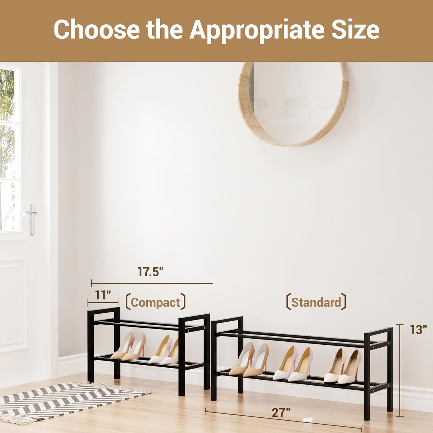 Haddockway Bamboo Shoe Rack for Closet, Free Standing Shoe Organizer with Smooth Round Rods & Convenient Handles, Stackable Shoe Storage Shelf for Entryway, Hallway(Black, 2-Tier(Small))