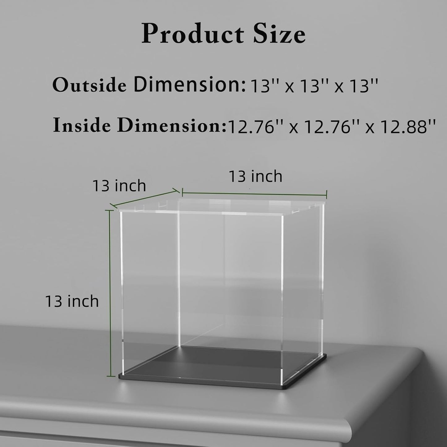 Acrylic Box with Matt Black Base, Simple Self-Assembly Clear Acrylic Display Case, 13x13x13 inch Showcase with Lid for Collections, Figures and Dolls