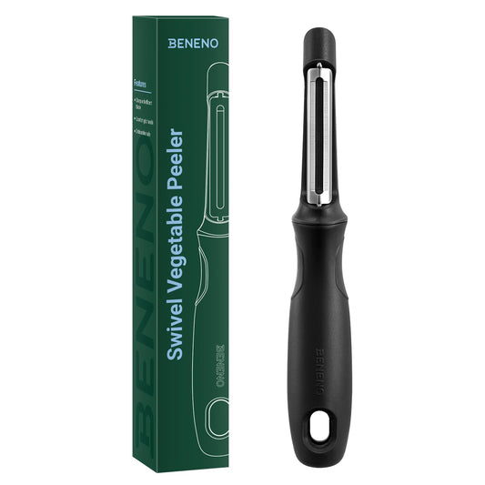 Beneno Swivel Vegetable Peeler, Razor-Sharp Smooth Peeling Potato Peelers with Stainless Steel Blades, Ergonomic Comfort Non-Slip Rubber Handle, Durable Kitchen Peelers with Potato Eye Remover, Black