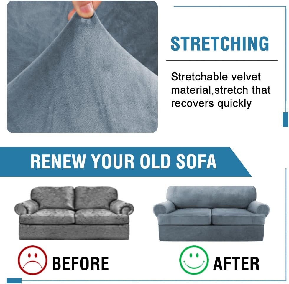 H.VERSAILTEX Sofa Cover 3 Piece T Cushion Loveseat Slipcovers Thick Velvet Couch Cover Stretch T Cushion Sofa Covers for 2 Cushion Couch with 2 Individual T Cushion Covers Washable, Stone Blue