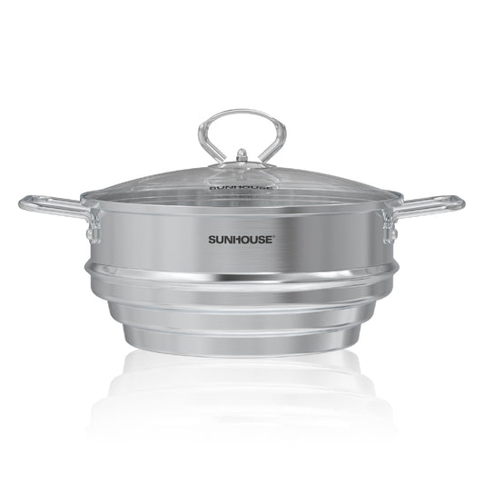 SUNHOUSE 5 Quart Stainless Steel Steamer Insert – Multi-Purpose Soup & Food Steamer with Stay-Cool Handles & Heavy-Duty Glass Lid – Fits Various Pot Sizes (8", 8.5", 9.5")