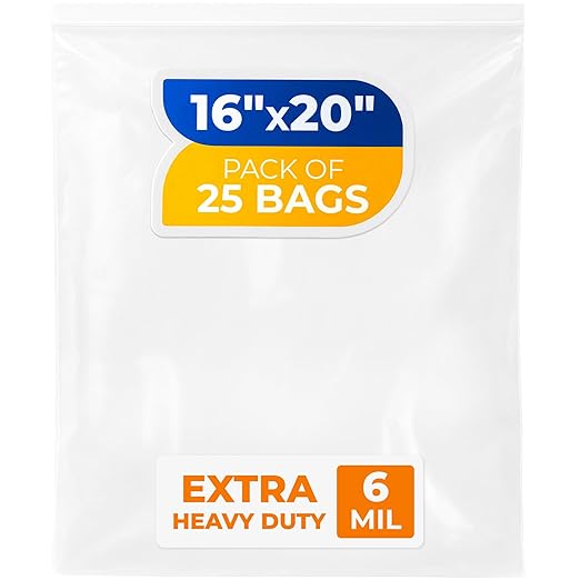 16" x 20" Extra Large Zip Seal Lock Bags, 6 Mil (Pack of 25) – Heavy-Duty Reclosable Plastic Bags – Clear, Resealable, Waterproof – For Storing Clothes, Jewelry, and Travel Items