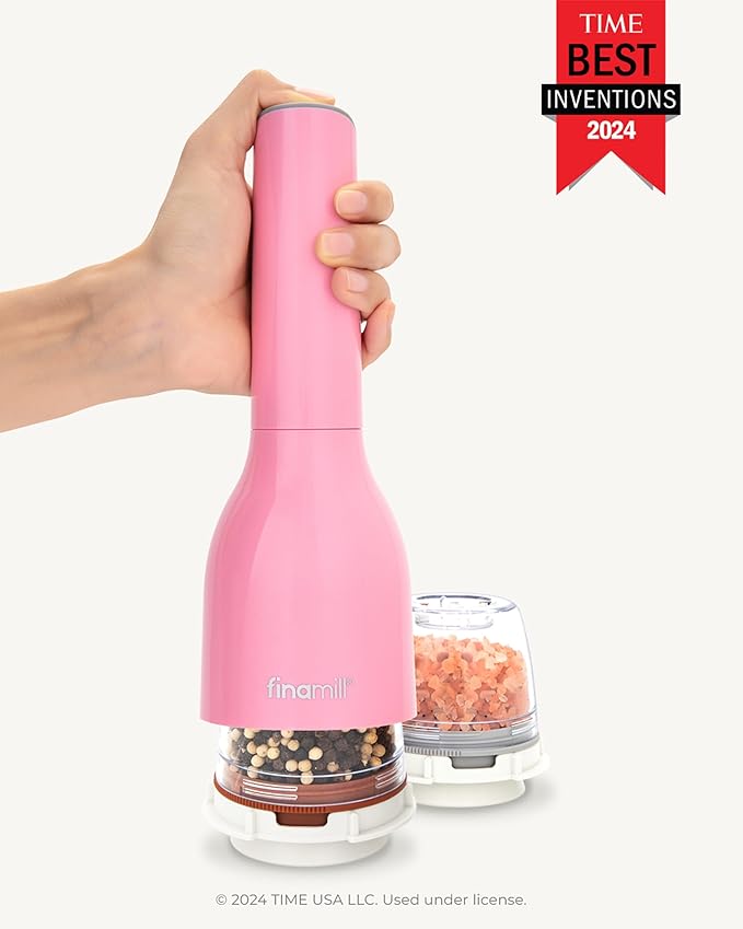 FinaMill Classic Battery Spice Mill – Battery Operated Salt and Pepper Grinder Set, Includes 2 Interchangeable Spice Pods, Adjustable Coarseness, Ceramic Grinder, LED Light, Kitchen Gifts for Women