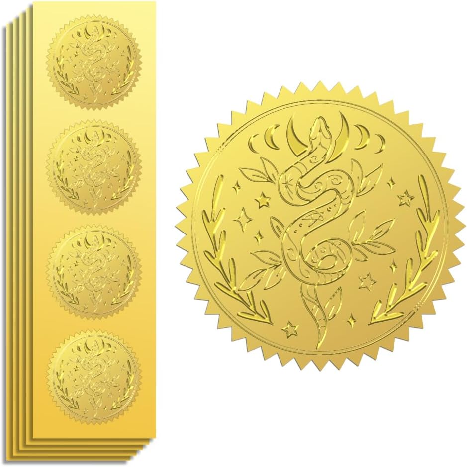Peacoblue Gold Foil Sticker Seal Embossed 2 Inch 100Pcs Snake and Moon, Self Adhesive Gold Around Embossing Sticker for Invitation Certificate Envelope Seal Gift Card Decoration