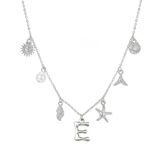 JALZEMPL Initial Charm Necklace For Women Seashell Shell Letter Boho Summer Beach Starfish 14k Gold Plated Silver Pendant Surfer Jewelry Gifts (E,Silver)