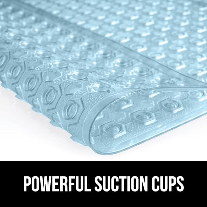 GORILLA GRIP Patented Bath Tub Shower Mat, Machine Washable Bathtub Floor Liner Mats, Suction Cups and Drain Holes to Keep Tubs Clean, Soft on Feet, Bathroom Essentials, 35x16 Inch, Clear Blue