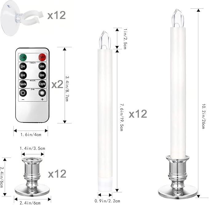 YAUNGEL Window Candles, 12 Pack LED Battery Operated Christmas Candles for Windows with Remote Electric Candle Lights with Removable Candle Holders Suction Cups for Christmas Decorations, Silver